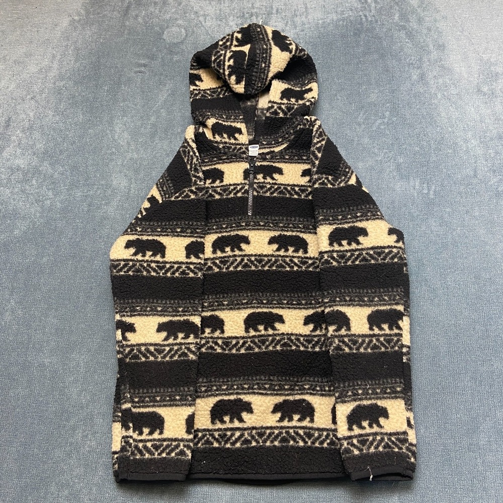 Old Navy Sherpa Jacket Boys XL 14-16 Beige Black Fleece Tribal Bear 1/4 Zip Cozy